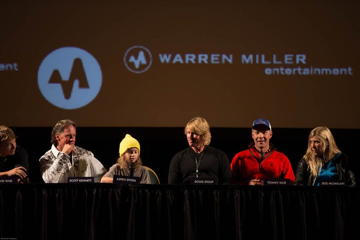 National athletes at the press conference. Left to right: Tahoe freestyler David Wise, ski-film icon Scott Kennett (remember Zudnik the dog?), 10-year-old phenom Aspen Spora, polar adventurer…