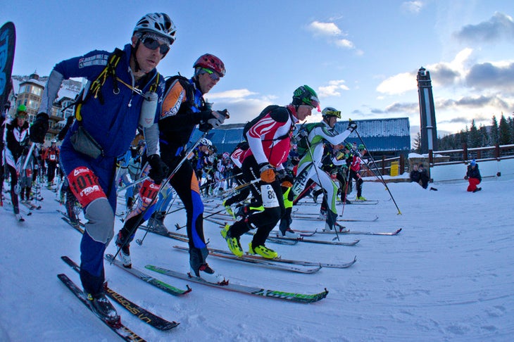 Ready, Set, Go! Chris Kroger, Marshall Thompson, Bryan Wickenhauser, and Jan Koles (from left to right) take off from the start of the 2012 Winter Teva Mountain…