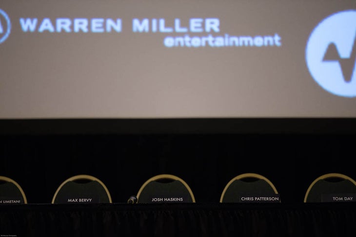 Seats await the WME crew. The name tags of core luminaries of Warren Miller Entertainment's production team, before the WME team members themselves arrived for the pre-show…