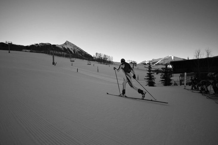 The Champion Jan Koles shoots out in front of the field at the 2011 Crested Butte ISMF North American Ski Mountaineering Championships. Photograph: Kevin Krill