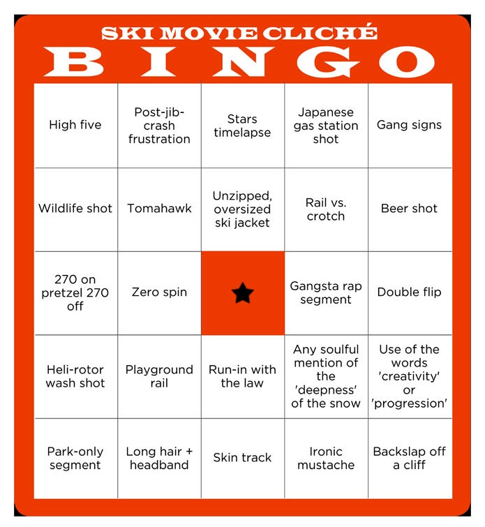 Bingo Card 1 It's Skiing Bingo! Simple rules. 1. Pop in your favorite ski movie. 2. See it in the movie, mark it on the card. 3. First person to cover down or…