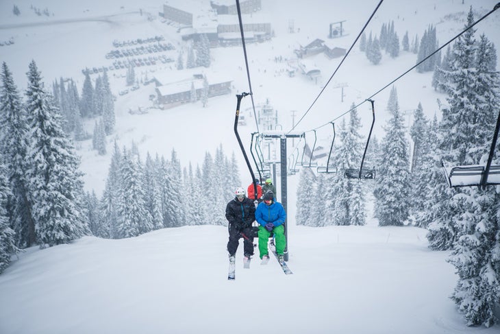 First Chair First chair on the Wildcat lift was the perfect introduction to Alta, offering top-to-bottom over-the-shoulder turns on a pow morning. (Photo: Jim…