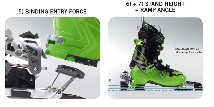Binding Entry Force, Ramp Angle, and Stand Height 5) Binding entry achieved by pressing the heel down with controlled force. Entry force is therefore low whatever the setting (DIN range 6-16),…