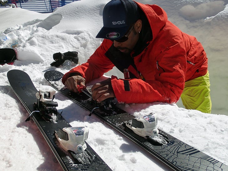 Adjusting Bindings Ski tech Darnell Rose readies the next binding.