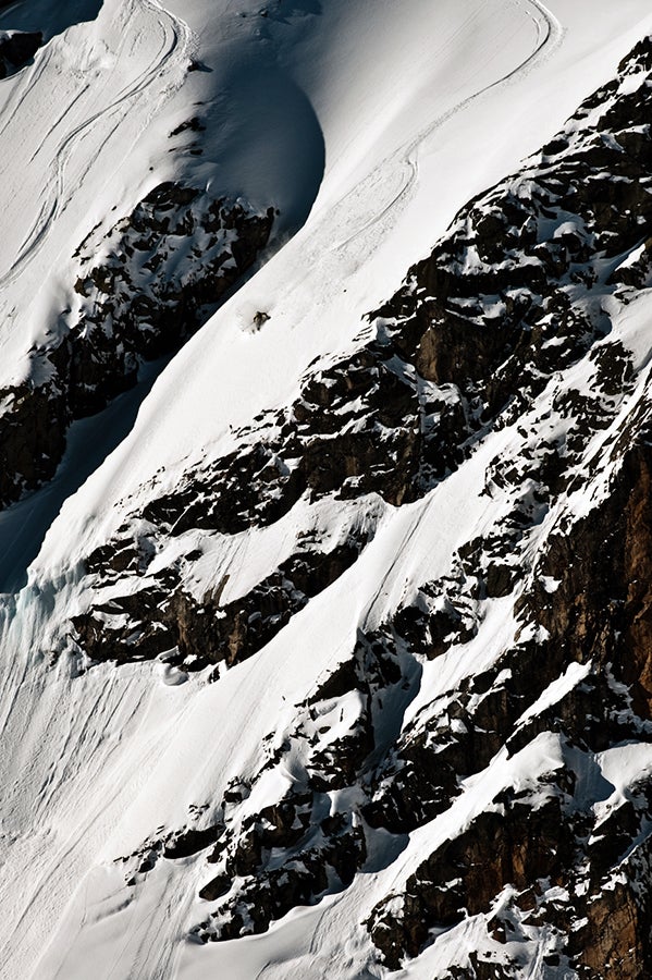 Big Lines Basti skis ahead of his sluff before hucking a cliff.Read the Q&A with pro skier Sebastian