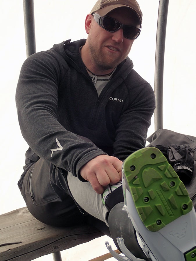 Booting Up Voormi's Timm Smith puts on his Dynafit ski boots.