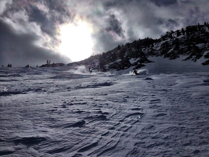 Buffed Out Testers Scott Basso, Jeremy Benson and Dan Withey riding hard in the wind buff off Little Cloud lift.Behind the scenes of Ski Test 2013: Day 1 | Day…