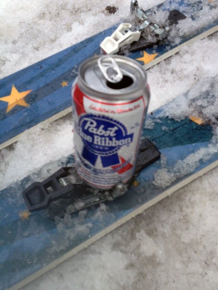 Dyna-chug Turns out Dynafit binding toepieces hold beers perfectly, but you need to drink quickly, before all of the beer runs out of the two holes the pincers…