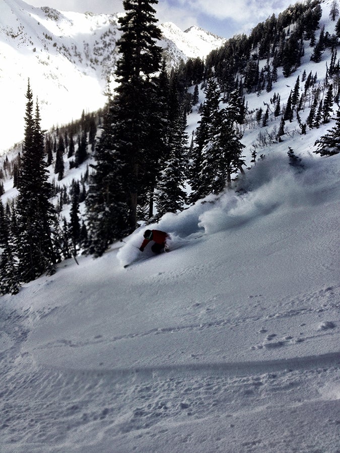 First Day Powder Ski tester Mike Britt of Aspen, Colorado, gets deep at Snowbird on the first day of testing.