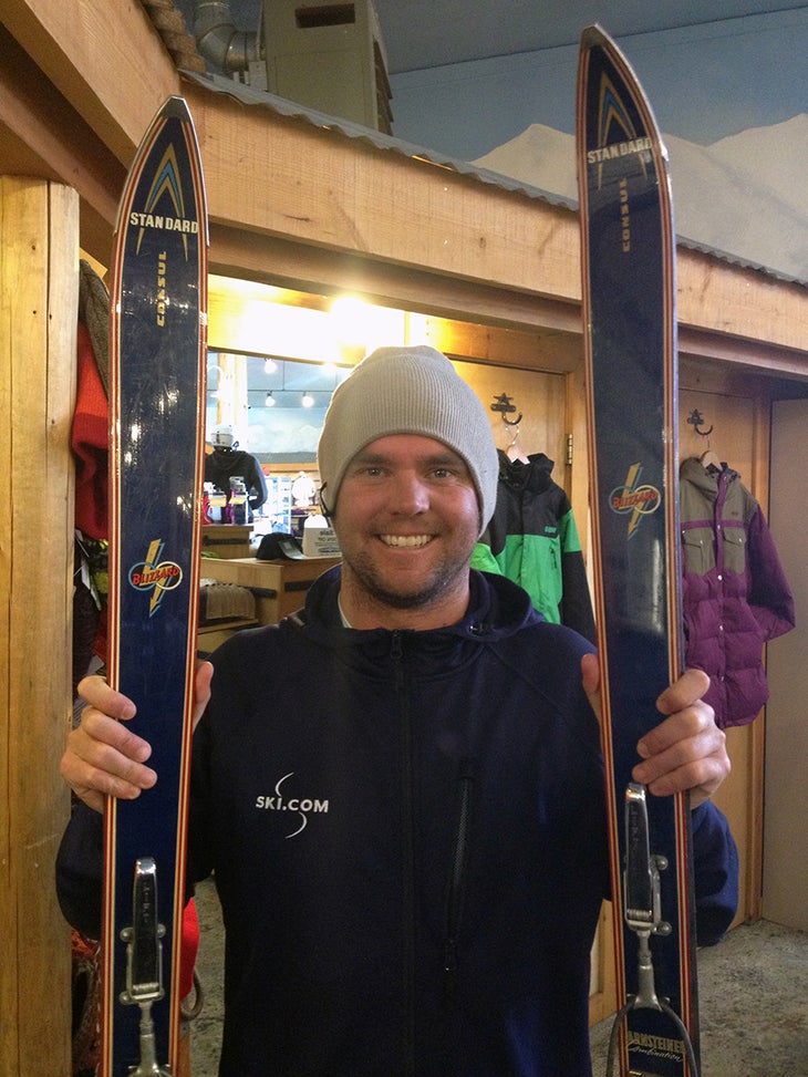 G-Fitz Writer Greg Fitzsimmons holds a classic pair of Blizzard skis at Granite Chief ski shop in Truckee, California.