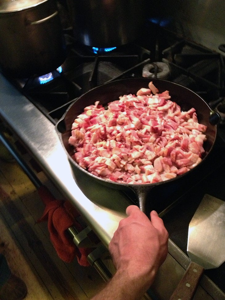 Mmmm...bacon.... Clem Smith's authentic Italian carbonara that evening at the Lost Trail Lodge was to die for. It starts with a giant pan of diced bacon.