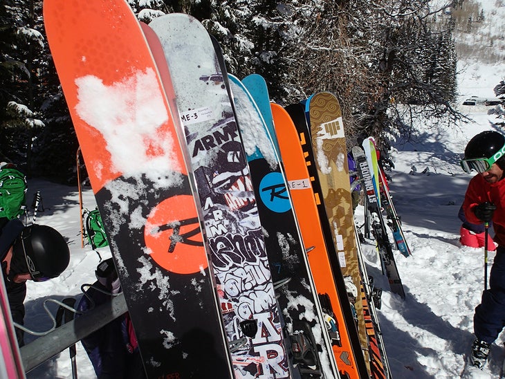 Powder Skis Ready for Testing Skis weren't lonely for long as they were constantly being swapped.
