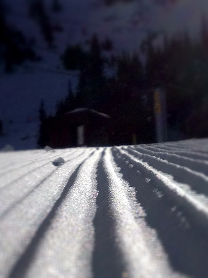 Snowbird Corduroy A groomed portion of the test run before the lifts opened. Minty fresh and clean.Behind the scenes of Ski Test 2013: Day 1 | Day 2 | Day 3 | Day 4
