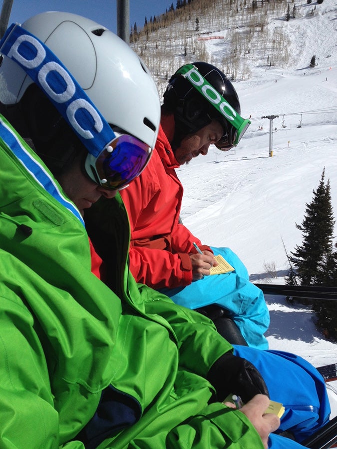 Tim and Mike Skiing Testers Tim Dyer (left) and Mike Britt filling out test cards between runs.Behind the scenes of Ski Test 2013: Day 1 | Day 2 | Day 3 | Day 4