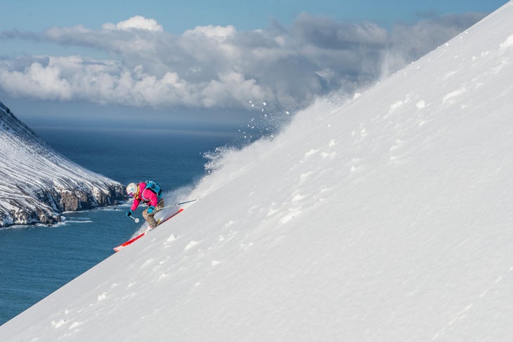 Ski to the Sea Jess McMillan points ’em straight at the Greenland Sea. The maritime snowpack here is relatively stable, similar to that of Alaska, so steeper lines…