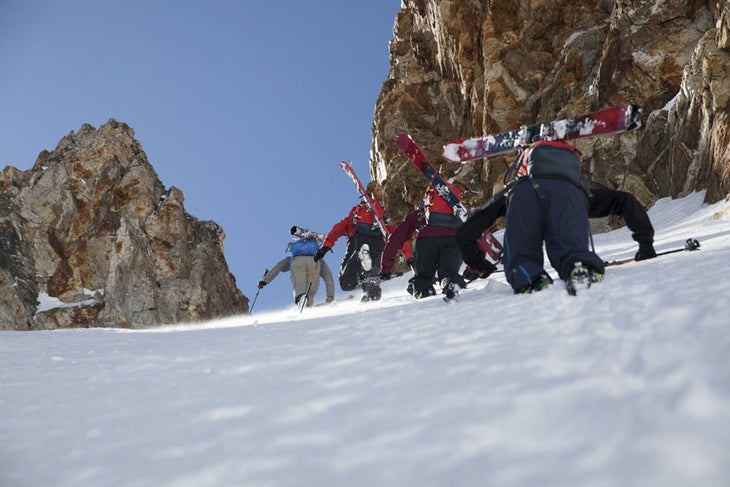 Better than Stairmaster Co-owner and guide for Sawtooth Mountain Guides, Chris Lundy, kicks in a nice bootpack up What’s Up Doc Couloir.