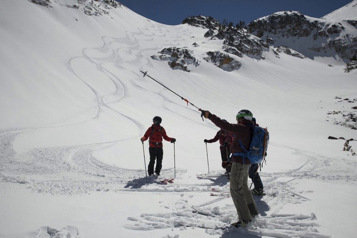 Goat Creek After some unbelievable spring powder in the Goat Creek drainage, guide Chris Lundy points up to the next objective.Read the article here.