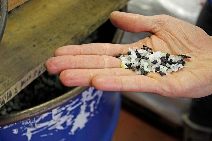 Simple Beginnings Each ski boot starts as bulk plastic. The tiny flakes of Pebax, polyurethane, or Grilamid are shipped to the factory in 110-pound bags.