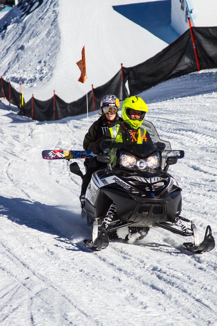Kaya Turski Kaya Turski (CAN) gets a sled ride between runs during the slopestyle competition. Turski stomped the most difficult run of the day and earned a…
