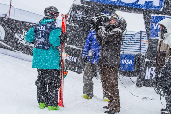 Onslaught of Snow Lyndon Sheehan (New Zealand) awaits his score during the onslaught of snow during the 2014 U.S. Grand Prix.