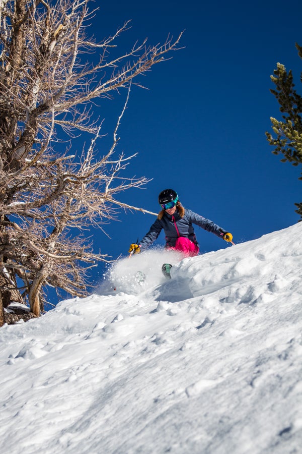 Ski Test 2014: Day 3 Tester Robin Barnes enters a zone of skied powder while testing mixed snow skis on Day 3.