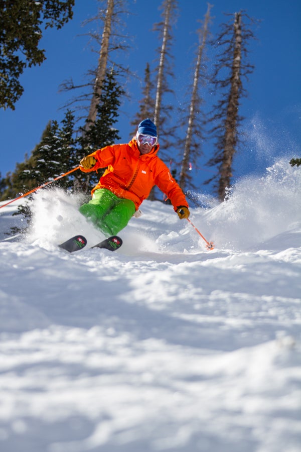 Ski Test 2014: Day 3 Ski tester (and boot test director) Mark Elling picks up speed while slicing through crud-busting mixed snow skis.