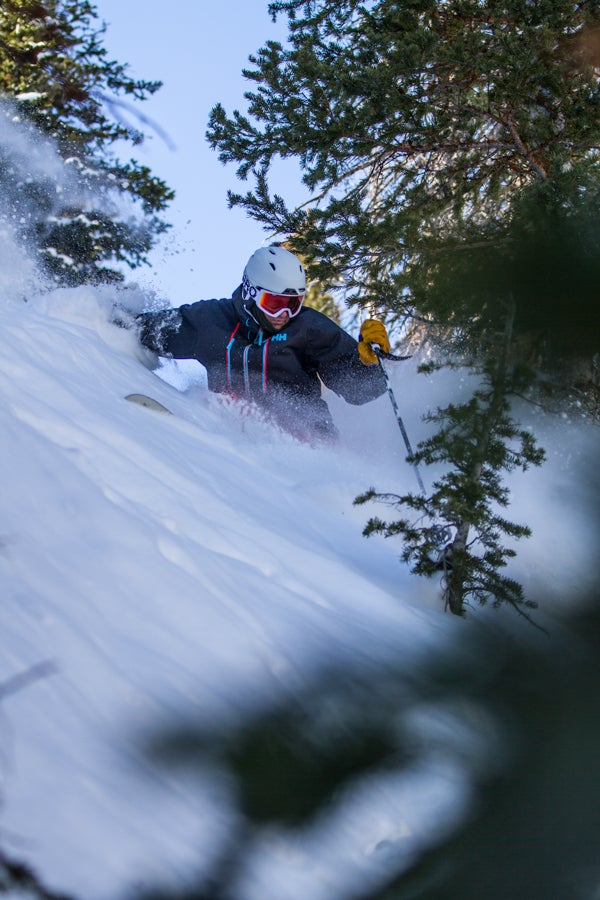 Ski Test 2014: Day 4 Tester Tim Dyer still gets after it in some hidden pockets while testing mixed-snow skis at Snowbird.