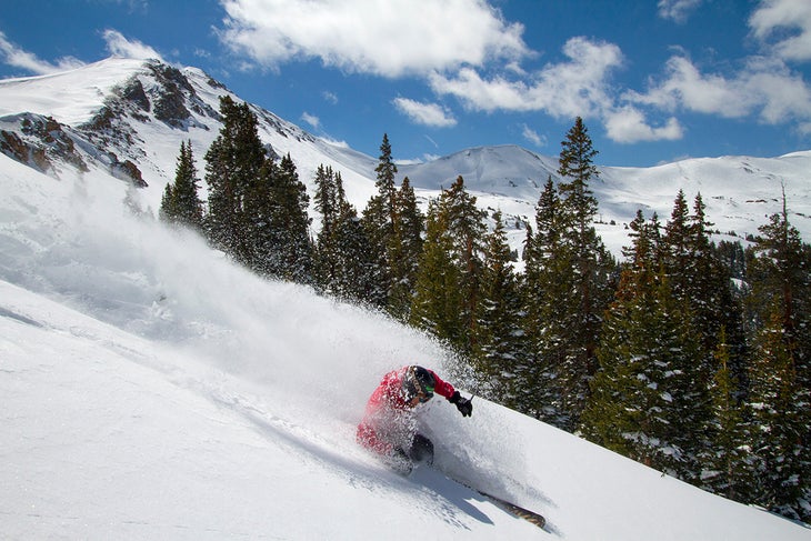 Pow Streaking Tester Doug Evans slays pow during the 2014 Indie Ski Test.