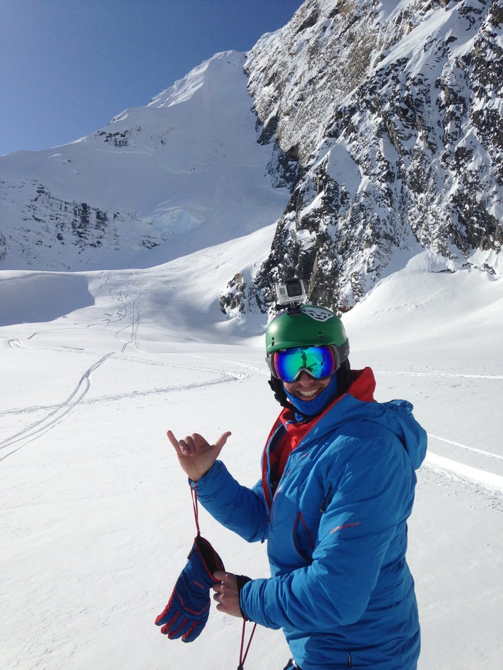 Stoked Eric Henderson at 10:00 am on April 14, 2014, after skiing the run that nearly killed him in 2009.