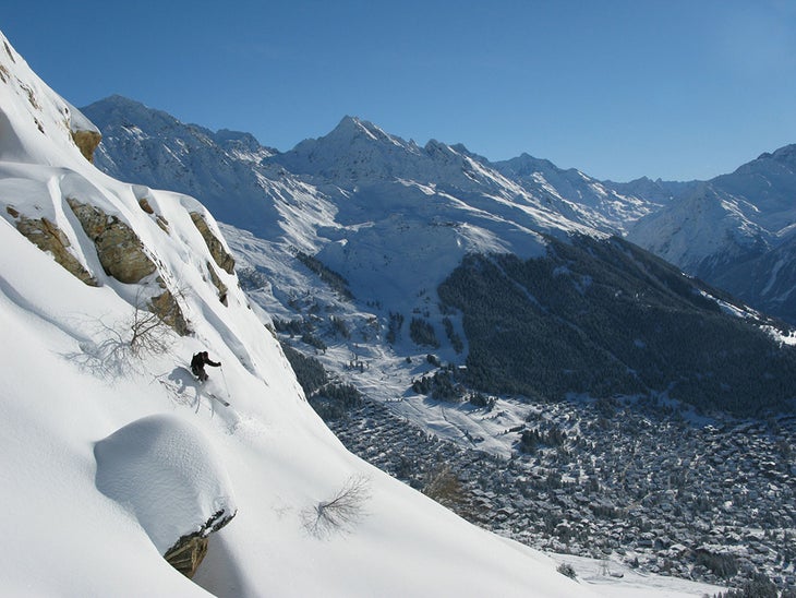 He Knows Mountain Elvis Canadian stalwart and ex-freestyler Mike Abson, aka Mountain Elvis, gives the powder above Verbier some love. Photo: Bob Mazarei