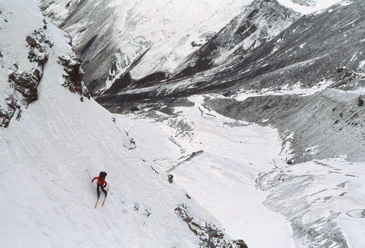 No-Fall Zone Bob Mazarei in the no-fall zone on Trisul in the Kumaun Indian Himalaya.“We were awestruck when we found out the Indian Government approved our ski…