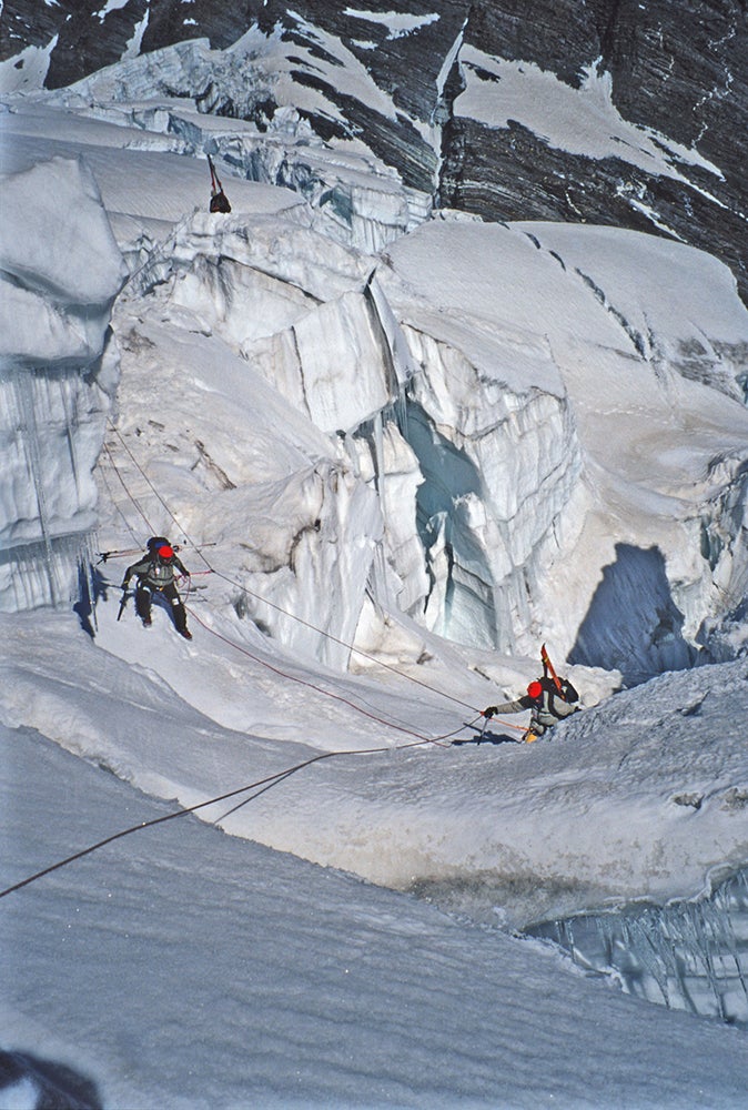 Skimo Probs This is a delicate crossing, all part of the fun in Bandarpunch, India and ski mountaineering in the Himalaya. Photo: Bob Mazarei