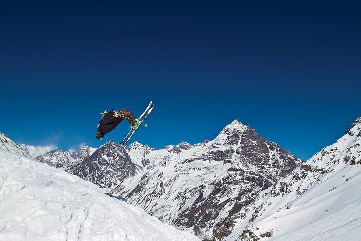 Back Flips George Rodney,
2012 Junior Freeskiing Tour overall champion, back-flips
his way to the Juncalillo lift.