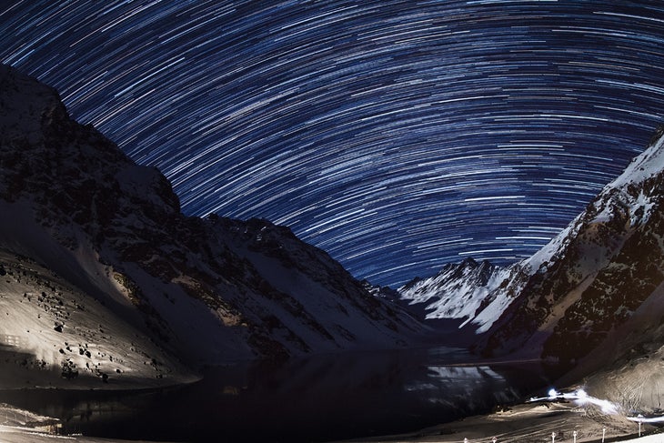Night In The Andes Stars paint the sky above Los Tres Hermanos
(The Three Brothers), just beyond Laguna del Inca.