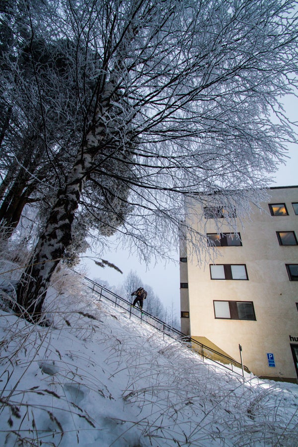 Handrail Slide Fredrik Green slides an urban handrail in Östersund, Sweden. Heavy snow coats most of Sweden—including large cities, during the winter—which makes…