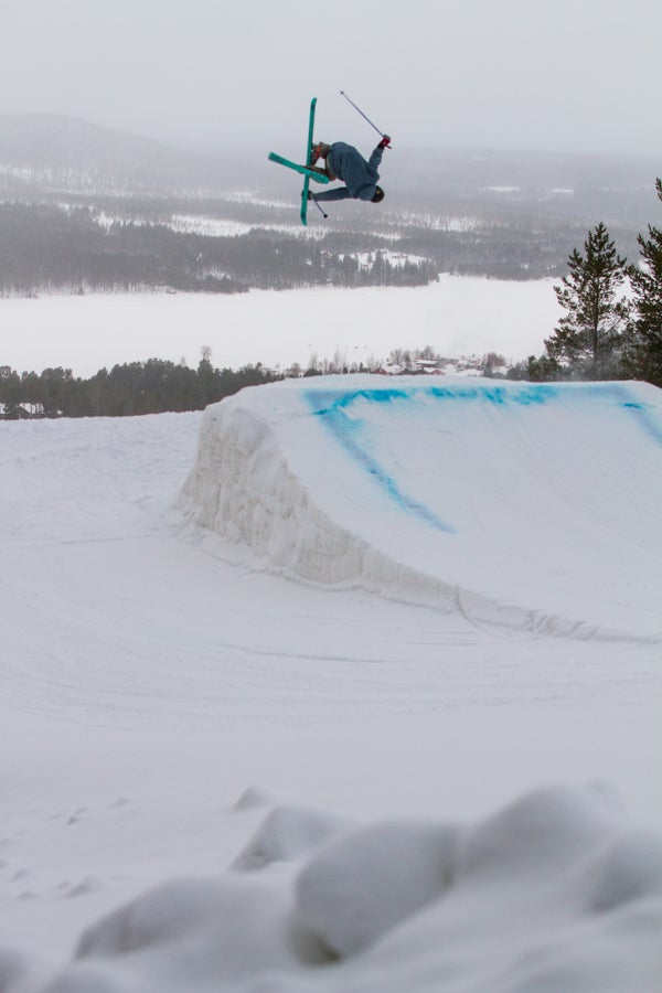 Swedish Terrain In Loftsdalen, terrain options include glades, steeps, skiercross course, and parks. Andreas Sjöbeck throws a cork 720 mute on one of the larger…