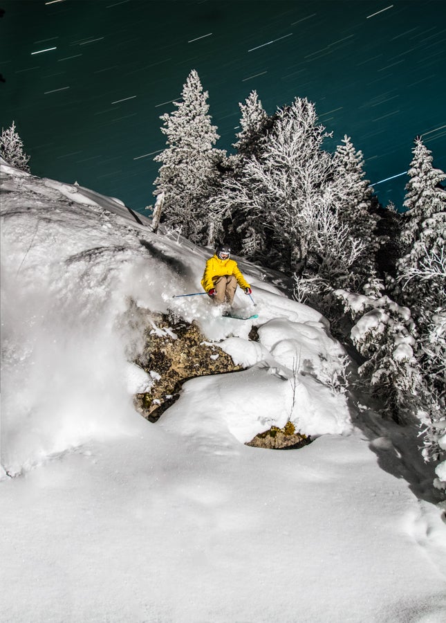 Vemdalsskalet Stars Andreas Sjöbeck finds fresh nighttime tracks off a cliff at Vemdalsskalet Ski Resort in Northern Sweden. With little light pollution, many stars are…