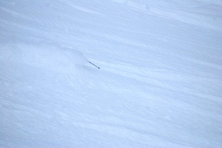 Bridger Bowl A right pole attempts exiting the white room in Montana.