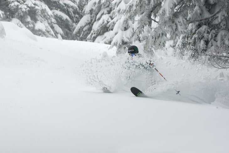 Timberline Forget Cascade Crud. Photographer Drew Smalley captured a skier riding light pow on Mt. Hood.