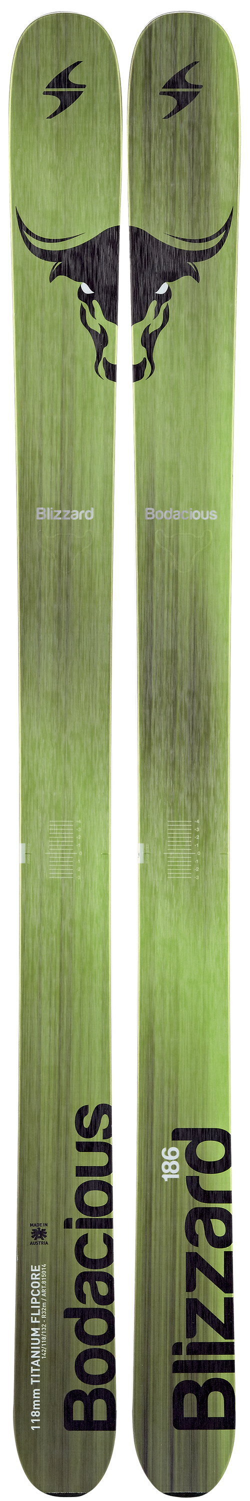 Blizzard Bodacious Sidecut: 142-118-132 mmLengths: 176, 186, 196 cmRadius: 32 mMSRP: $950For more info on this ski, click here.