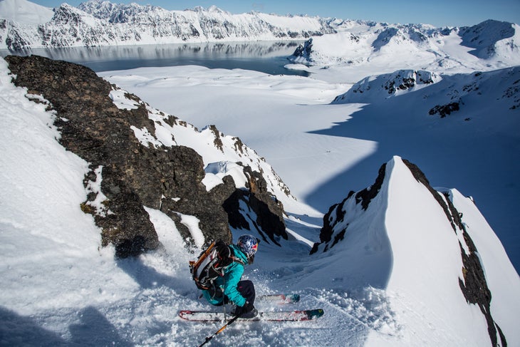 Decisions “Michelle Parker and I climbed up this steep, rocky pinnacle to access this couloir. We could have climbed straight up, but we decided some light…