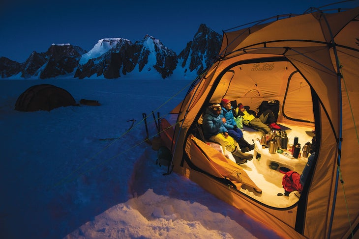 SKG1216_PHO10_Greenland Chilling at Camp 1. This shot was taken around 11 p.m. in Greenland’s “perpetual afterglow,” Long says. “This was a pretty regular evening in our…