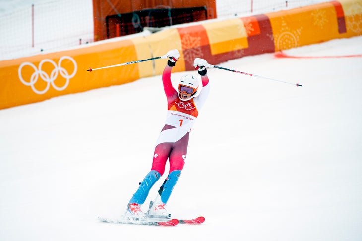 "Michelle Gisin finishes the Alpine Combined slalom."