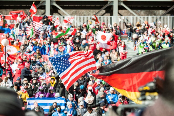 usa-flag_mens-GS_crystal-sagan Flags flying in the Grand Stand at YongPyong.