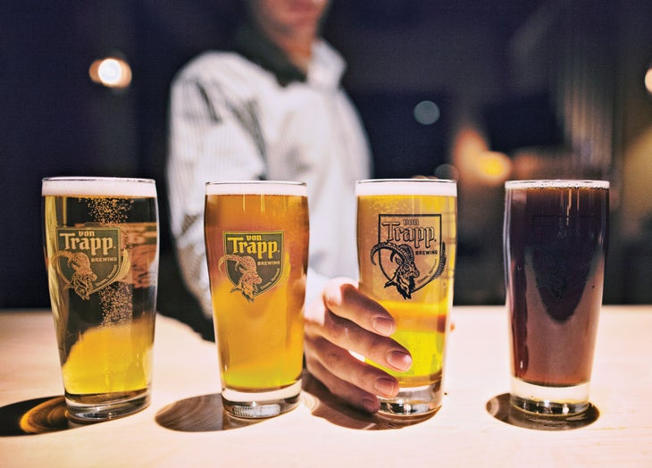 SKI0218_Suds_vonnTrappBrewing2_courtesy von Trapp's four core lagers—Golden Helles, Vienna Style Lager, Bohemian Pilsner, and Dunkel Lager