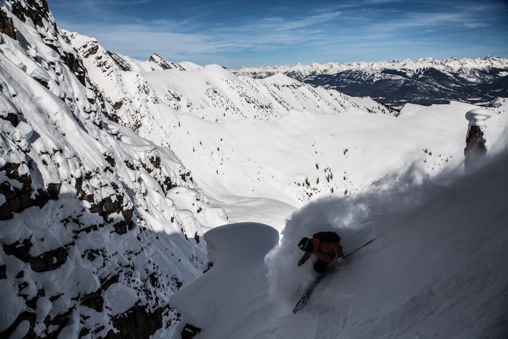 SKI1118-KickingHorse02-byKeriBascetta Wittstock tests his steep-skiing skills in the chutes just outside of Kicking Horse’s boundary.