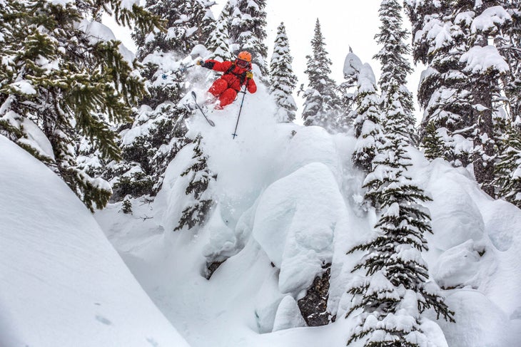 "Eben Mond hops through pillow lines in Hut Trees, a zone on the east side, above Hilda Hut"