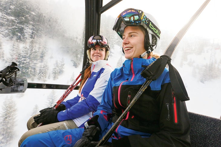 SKI1116_Aspen_Gay_Ski_Week03 Grace and Lilly Cutts riding the Aspen Mountain Gondola