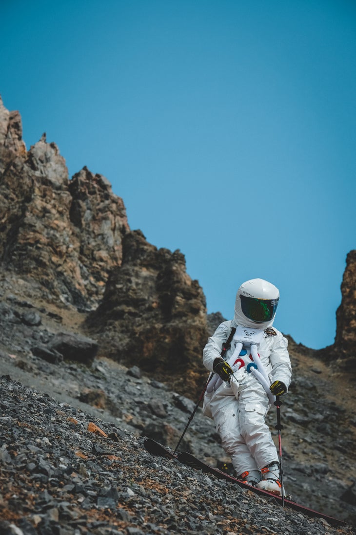 © Fabien Maierhofer_Red Bull Illume_Best of Instagram by SanDisk April Winner Best of Instagram by SanDisk April winning photo of a skier dressed in a space suit scoping out his rocky run.