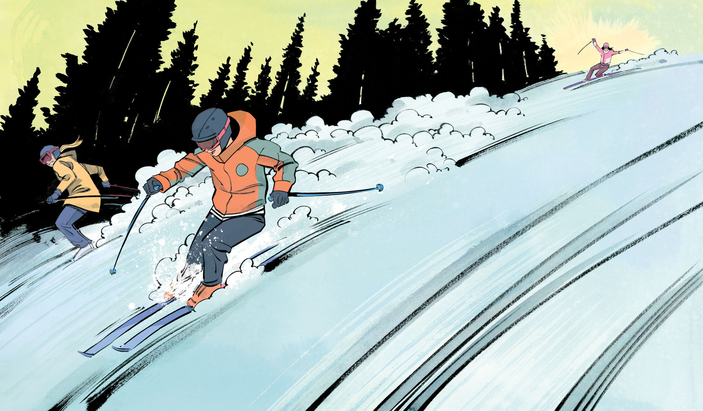 "Illustration of three telemark skiers skiing quickly down slope with puffs of snow behind them."